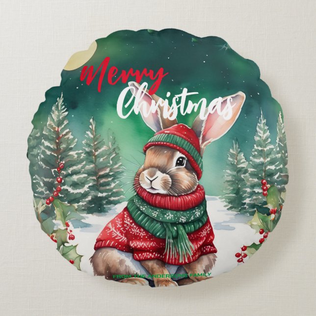Coussins Ronds Aquarelle moderne lapin lapin de Noël Neige (Devant)