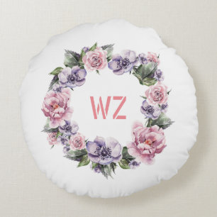 Coussins Ronds Aquarelle Monogramme rose pourpre Garland de fleur