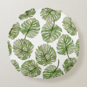 Coussins Ronds Aquarelle Monstera Vert Tropical Feuilles sans cou
