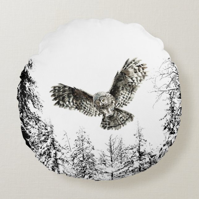 Coussins Ronds Aquarelle originale Frappe ou Chasse Chouette Oise (Devant)