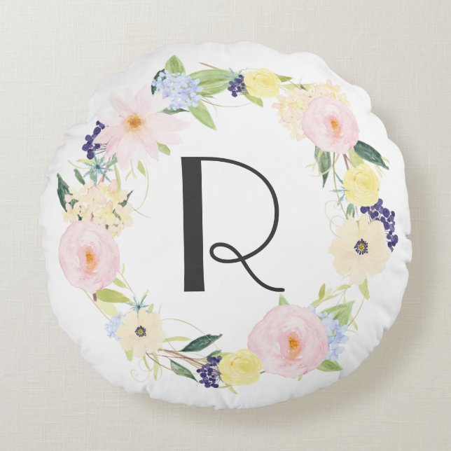 Coussins Ronds Aquarelle Pastel Printemps Floral Wreath Monogramm (Devant)