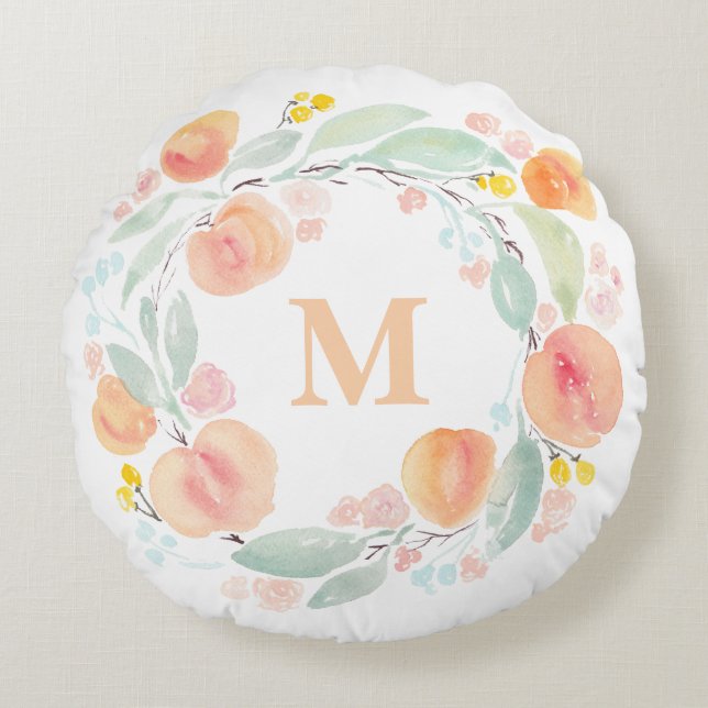 Coussins Ronds Aquarelle Peaches Folithe Wreath Monogramme (Devant)