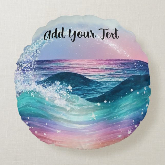 Coussins Ronds Aquarelle personnalisée Blue Ocean Wave Photo avec (Devant)