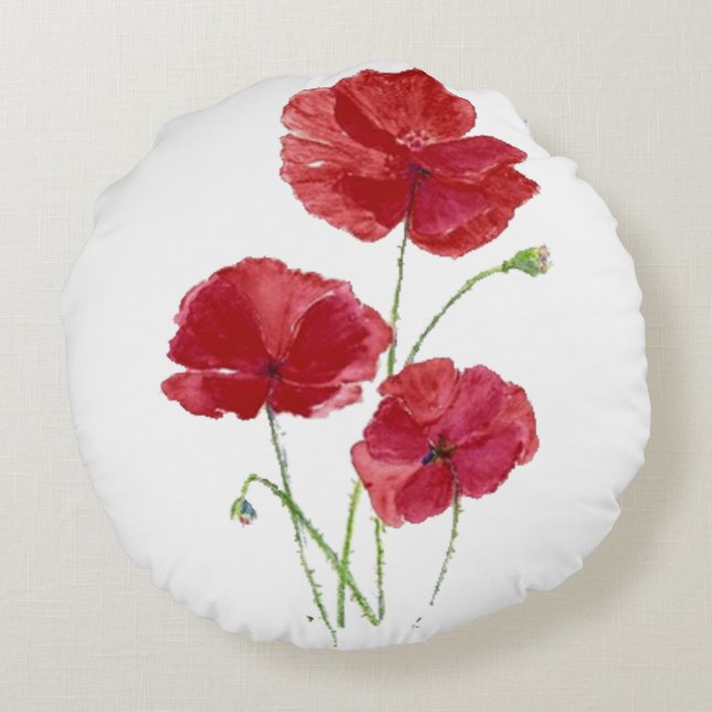 Coussins Ronds Aquarelle Rouge Pavot Jardin Fleur Art Floral (Dos)