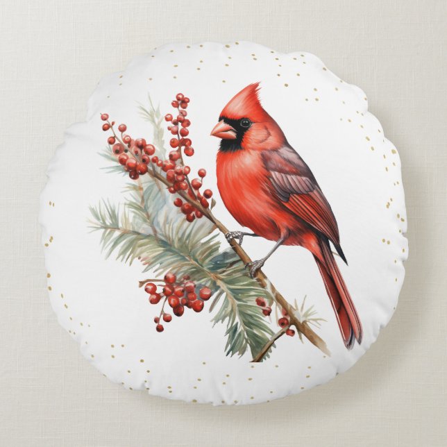 Coussins Ronds Aquarelle rustique Hiver Cardinal Holly Branche (Devant)