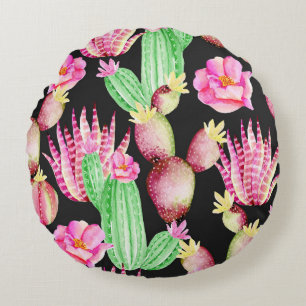 Coussins Ronds Aquarelle succulents : cactus motif floral.
