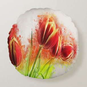 Coussins Ronds Aquarelle Tulipes rouge Jaune Fleur