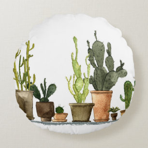 Coussins Ronds Aquarelle verte Cactus : Pots tirés à la main