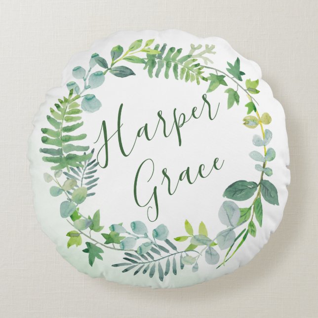 Coussins Ronds Aquarelle verte Wreath personnalisée (Devant)