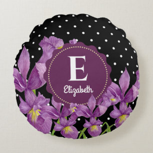 Coussins Ronds Aquarelle violet Iris noir blanc Pois