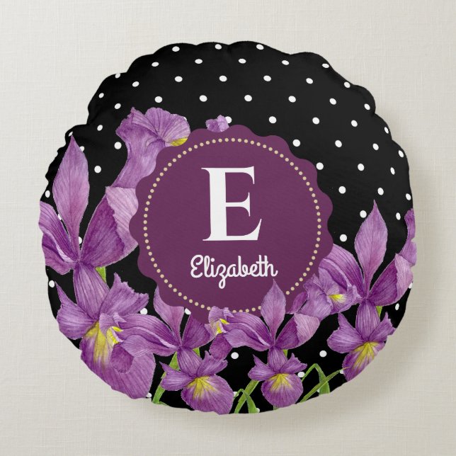 Coussins Ronds Aquarelle violet Iris noir blanc Pois (Devant)