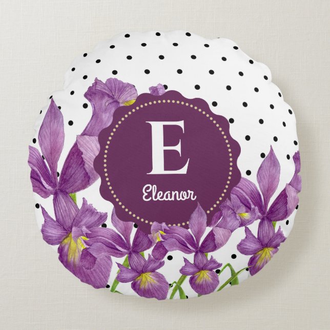 Coussins Ronds Aquarelle violet Iris noir blanc Pois (Devant)