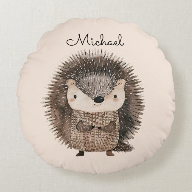 Coussins Ronds Aquarelle Woodland Animal Hérisson Personnalisé (Devant)