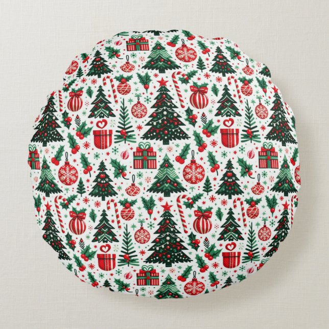 Coussins Ronds Arbre de Noël, cadeaux, sucre de canne (Devant)