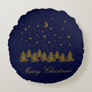 Coussins Ronds Arbre de Noël en or brillant, lune, étoiles sur bl