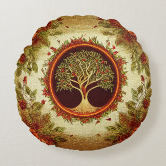 Coussins Ronds Arbre de vie par kedoki Green et Orange Broidery