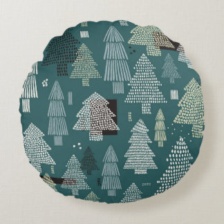 Coussins Ronds Arbres d'hiver, motif vintage de Noël.