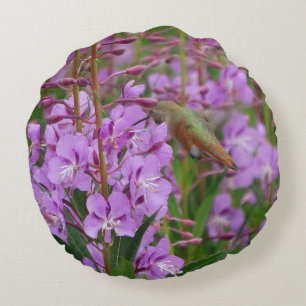 Coussins Ronds Arrière - plan à fleurs rose pourpre de colibri ve