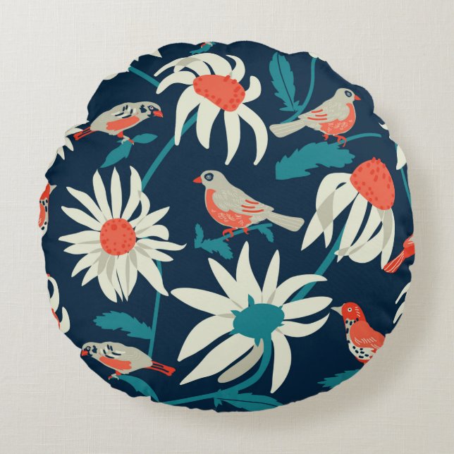 Coussins Ronds Arrière - plan sans couture avec fleurs et oiseaux (Devant)