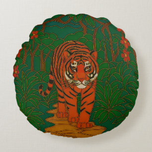 Coussins Ronds Art de cloisonné Tigre sur le chemin de la jungle