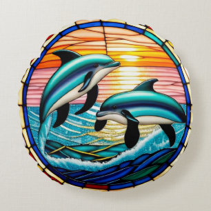 Coussins Ronds Art de verre coloré avec des dauphins bondissant a