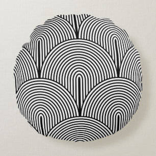 Coussins Ronds Art Déco, Blanc Noir Luxe.
