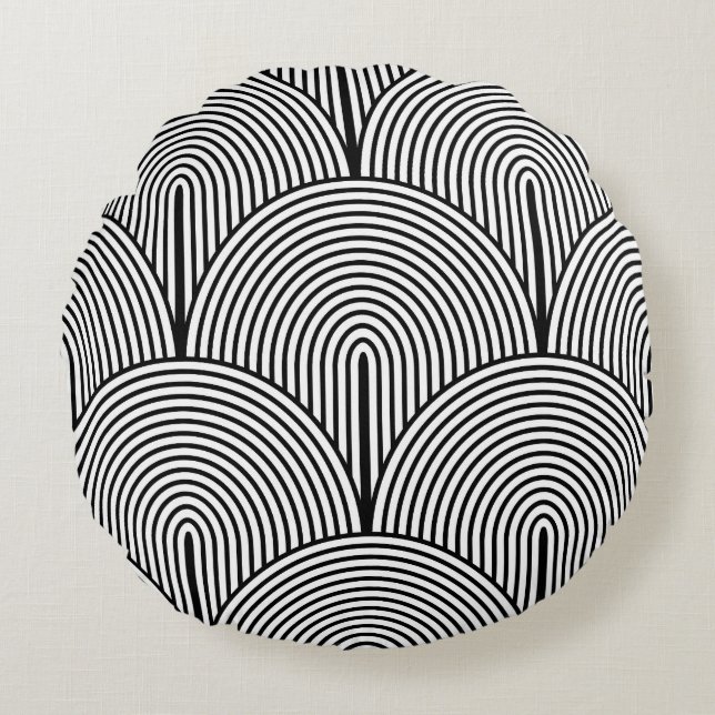 Coussins Ronds Art Déco, Blanc Noir Luxe. (Devant)
