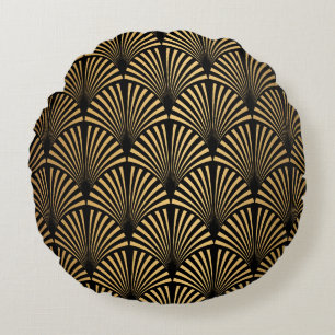 Coussins Ronds Art Déco : Scales d'or noir.