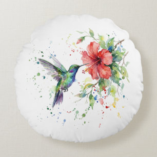 Coussins Ronds Art floral aquarelle du colibri coloré de la natur