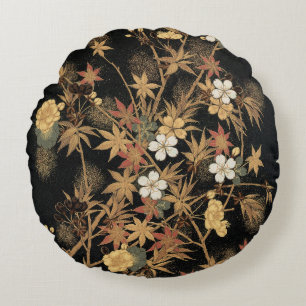 Coussins Ronds Art floral automnal noir doré vintage japonais