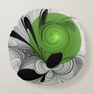 Coussins Ronds Art fractal abstrait noir et blanc avec vert