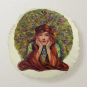 Coussins Ronds Art nouveau déco élégante femme paon plumes