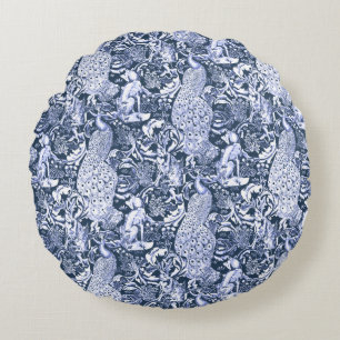 Coussins Ronds Art nouveau Peacock Imprimer, Navy et Blanc