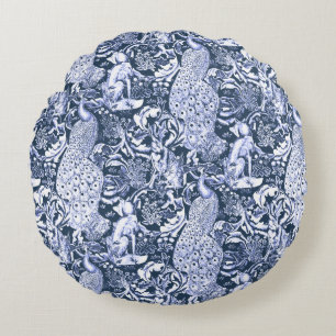 Coussins Ronds Art Nouveau Peacock Print, Navy et White