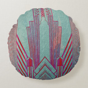 Coussins Ronds Art nouveau, rouge, turquoise, vert, vintage, art 