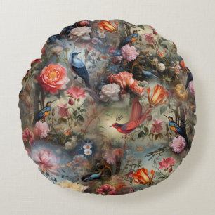 Coussins Ronds Art surréaliste avec fleurs et oiseaux