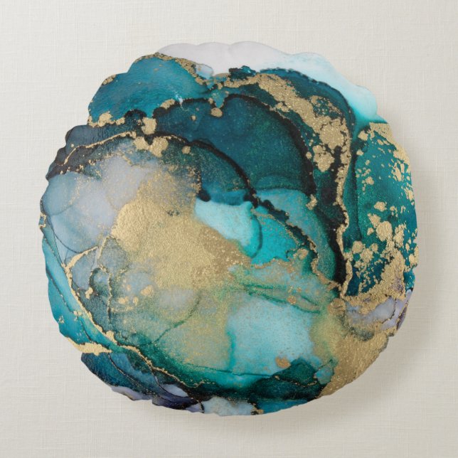 Coussins Ronds Artabstracte turquoise d'alcool d'alcool noir, art (Devant)
