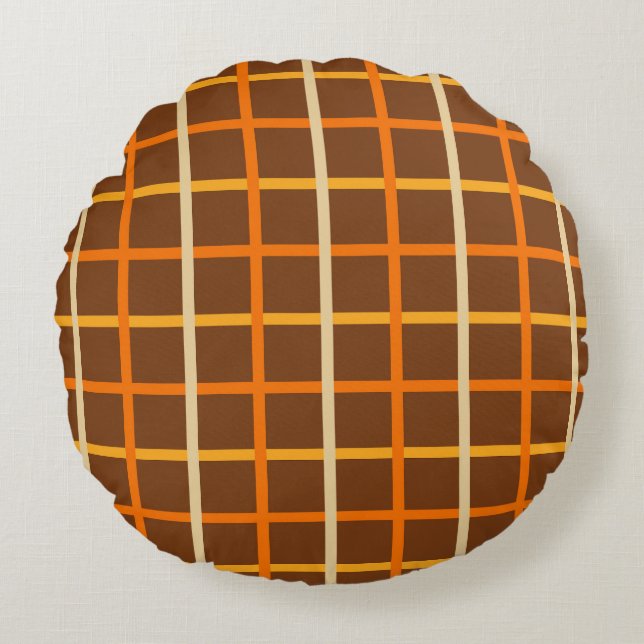 Coussins Ronds Automne Plaid Motif en Orange Vert et Brown (Devant)