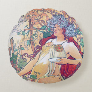Coussins Ronds Automne (Quatre Saisons), Oreiller Alphonse Mucha