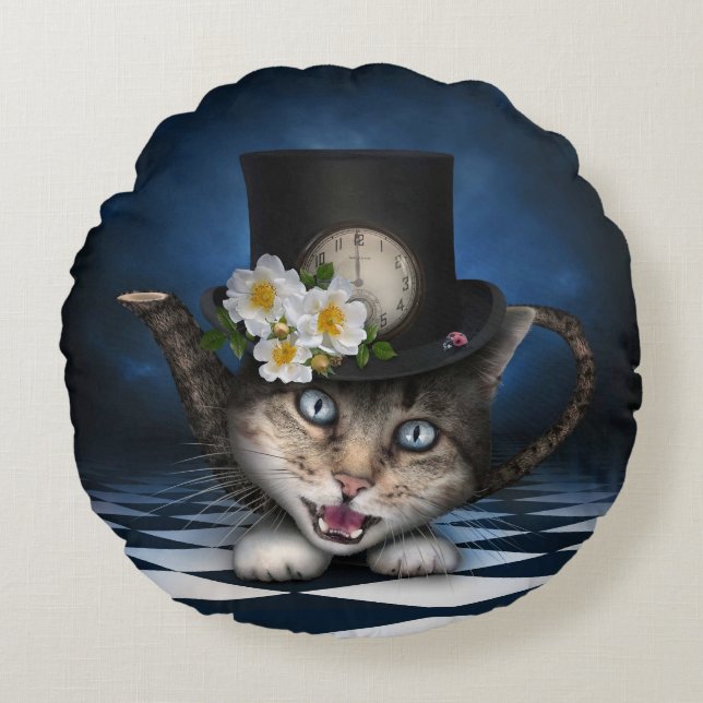 Coussins Ronds Awesome Mad Hatter Teapot Chat Conception Whimsica (Devant)