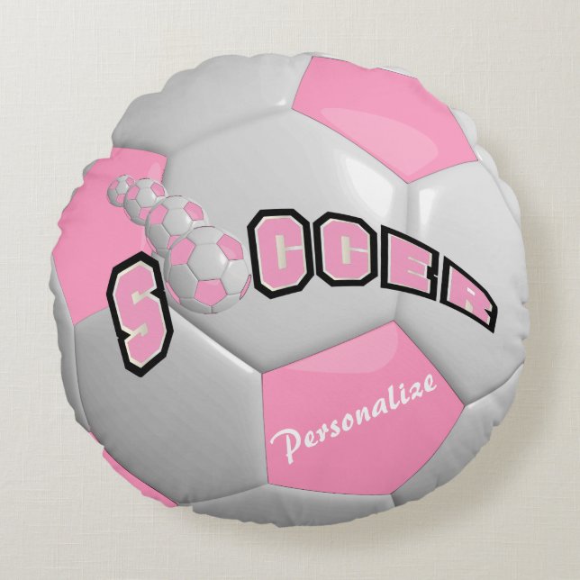 Coussins Ronds Bal de soccer rose| Nom DO-IT-YOURSELF (Devant)