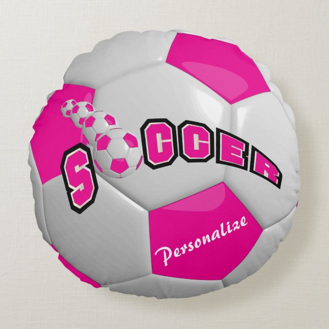 Coussins Ronds Balle de soccer rose chaud | Personnaliser (Devant)