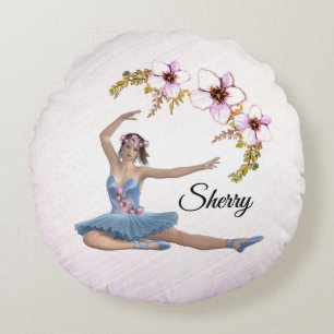 Coussins Ronds Ballerina en bleu Nom personnel rose