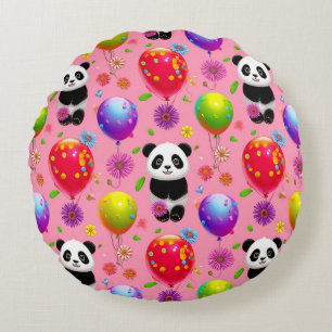 Coussins Ronds Ballon Coloré et Motif de Panda avec Fleurs
