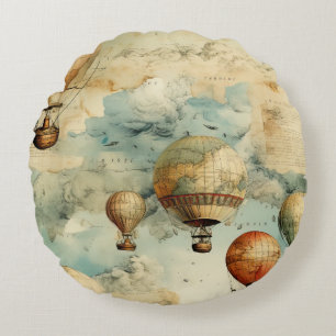 Coussins Ronds Balloon vintage à air chaud dans un paysage serein
