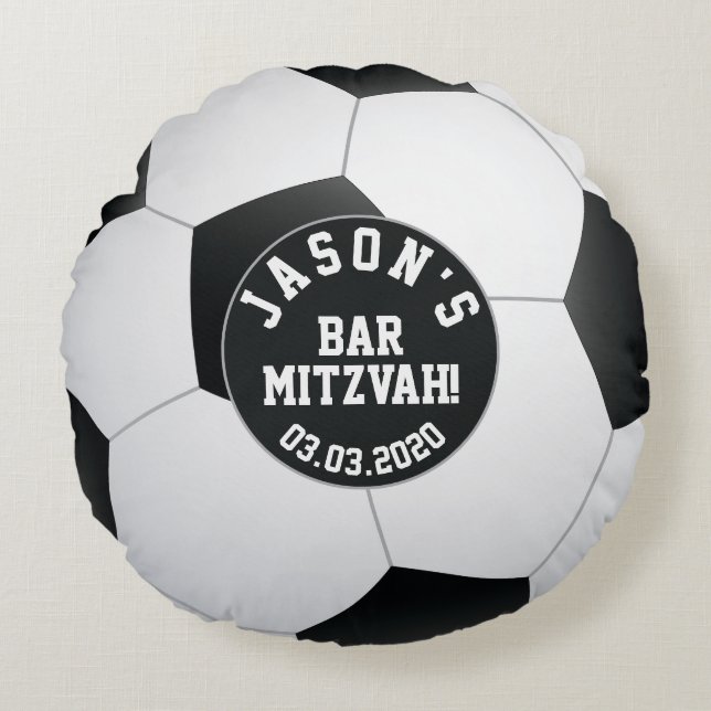 Coussins Ronds Bar de soccer noir blanc personnalisé Mitzvah (Devant)