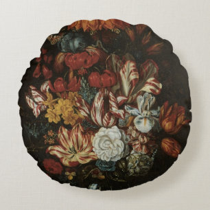 Coussins Ronds Baroque Ancien, Fleurs de Nature Morte dans un Vas