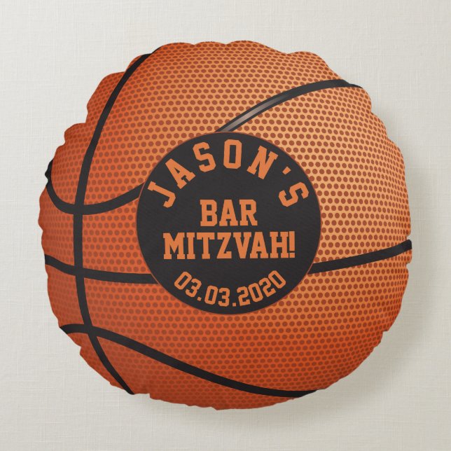 Coussins Ronds Barre de basketball orange personnalisée Mitzvah (Devant)