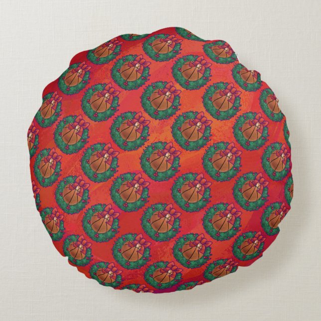 Coussins Ronds Basket-ball Holly Wreath Motif sur Red (Dos)