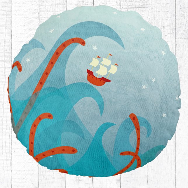 Coussins Ronds Bateau à voile Monster de mer Amusement (Sailing boat and sea monster fun adventure pillow)